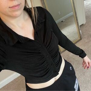 Black Ruched Button-Up Women's Top